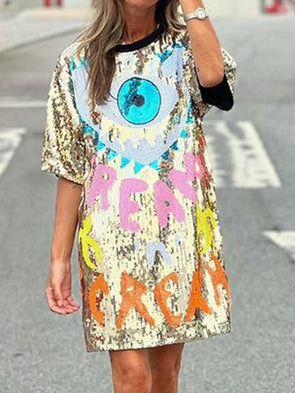 Sequined and Flat Eye Pattern Crew Neck Dress