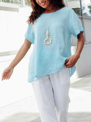 Basic round neck short sleeve cotton and linen top